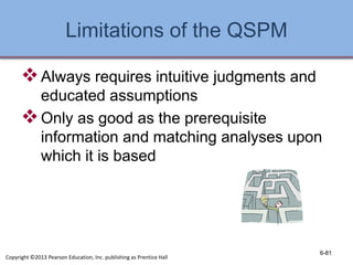 Limitations of the QSPM
Always requires intuitive judgments and
educated assumptions
Only as good as the prerequisite
information and matching analyses upon
which it is based
6-81
Copyright ©2013 Pearson Education, Inc. publishing as Prentice Hall
 