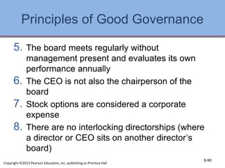 Principles of Good Governance
5. The board meets regularly without
management present and evaluates its own
performance annually
6. The CEO is not also the chairperson of the
board
7. Stock options are considered a corporate
expense
8. There are no interlocking directorships (where
a director or CEO sits on another director’s
board)
6-90
Copyright ©2013 Pearson Education, Inc. publishing as Prentice Hall
 