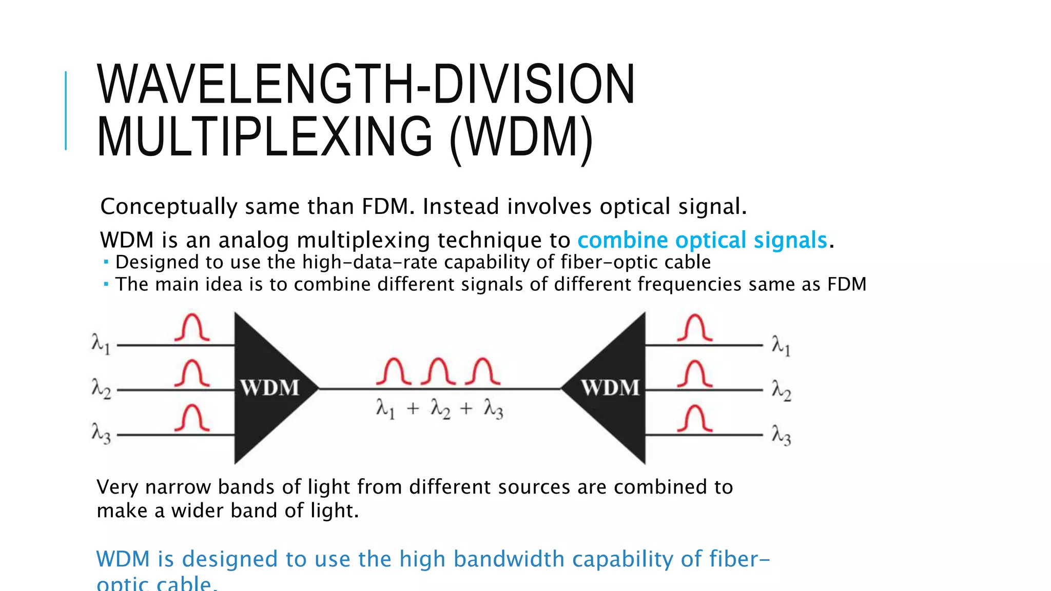 WAVELENGTH-DIVISION
MULTIPLEXING (WDM)
Conceptually same than FDM. Instead involves optical signal.
WDM is an analog multiplexing technique to combine optical signals.
 Designed to use the high-data-rate capability of fiber-optic cable
 The main idea is to combine different signals of different frequencies same as FDM
Very narrow bands of light from different sources are combined to
make a wider band of light.
WDM is designed to use the high bandwidth capability of fiber-
 