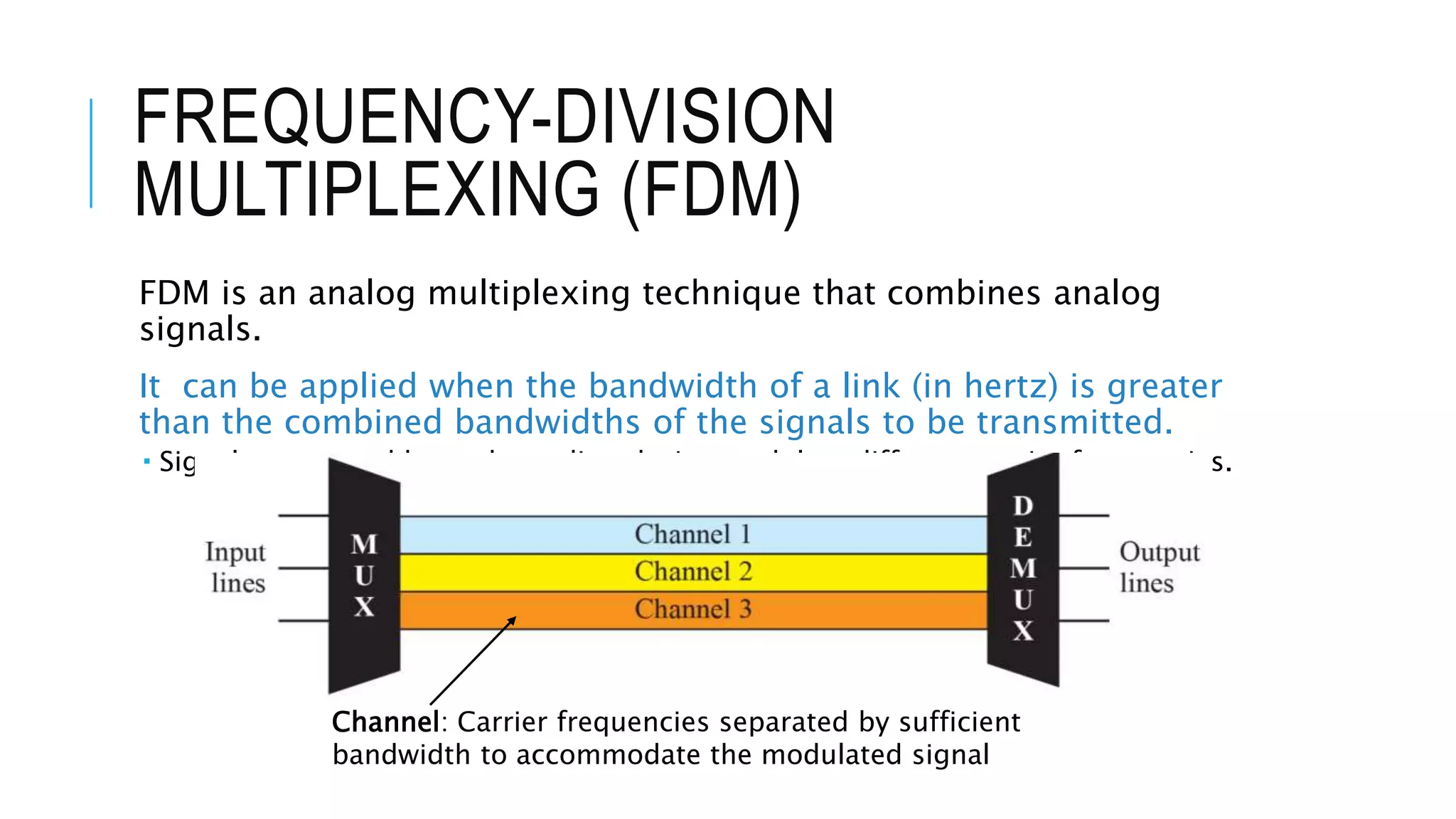 FREQUENCY-DIVISION
MULTIPLEXING (FDM)
FDM is an analog multiplexing technique that combines analog
signals.
It can be applied when the bandwidth of a link (in hertz) is greater
than the combined bandwidths of the signals to be transmitted.
 Signals generated by each sending device modulate different carrier frequencies.
Channel: Carrier frequencies separated by sufficient
bandwidth to accommodate the modulated signal
 