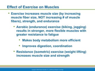 Copyright © 2009 Pearson Education, Inc., publishing as Benjamin Cummings
Effect of Exercise on Muscles
 Exercise increases muscle size (by increasing
muscle fiber size, NOT increasing # of muscle
fibers), strength, and endurance
 Aerobic (endurance) exercise (biking, jogging)
results in stronger, more flexible muscles with
greater resistance to fatigue
 Makes body metabolism more efficient
 Improves digestion, coordination
 Resistance (isometric) exercise (weight lifting)
increases muscle size and strength
 