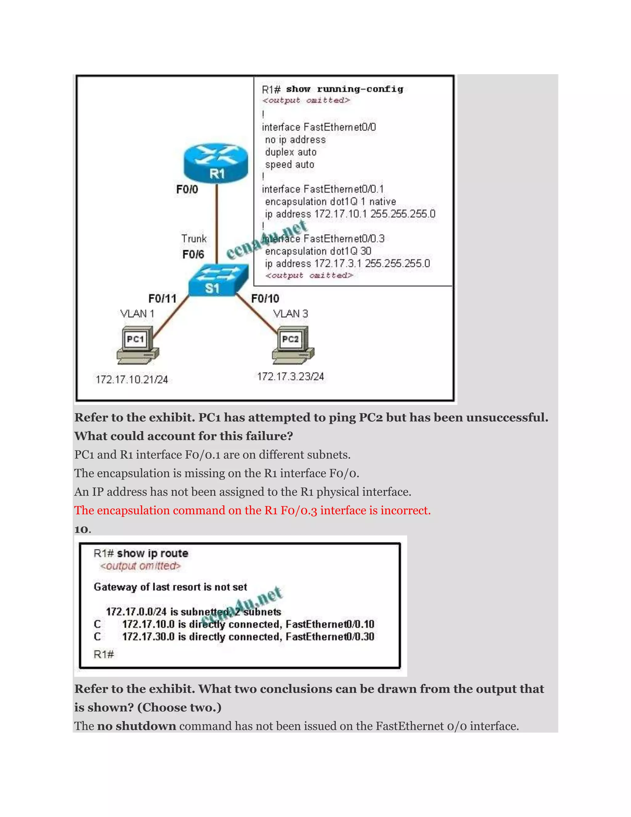 Refer to the exhibit. PC1 has attempted to ping PC2 but has been unsuccessful.
What could account for this failure?
PC1 and R1 interface F0/0.1 are on different subnets.
The encapsulation is missing on the R1 interface F0/0.
An IP address has not been assigned to the R1 physical interface.
The encapsulation command on the R1 F0/0.3 interface is incorrect.
10.




Refer to the exhibit. What two conclusions can be drawn from the output that
is shown? (Choose two.)
The no shutdown command has not been issued on the FastEthernet 0/0 interface.
 