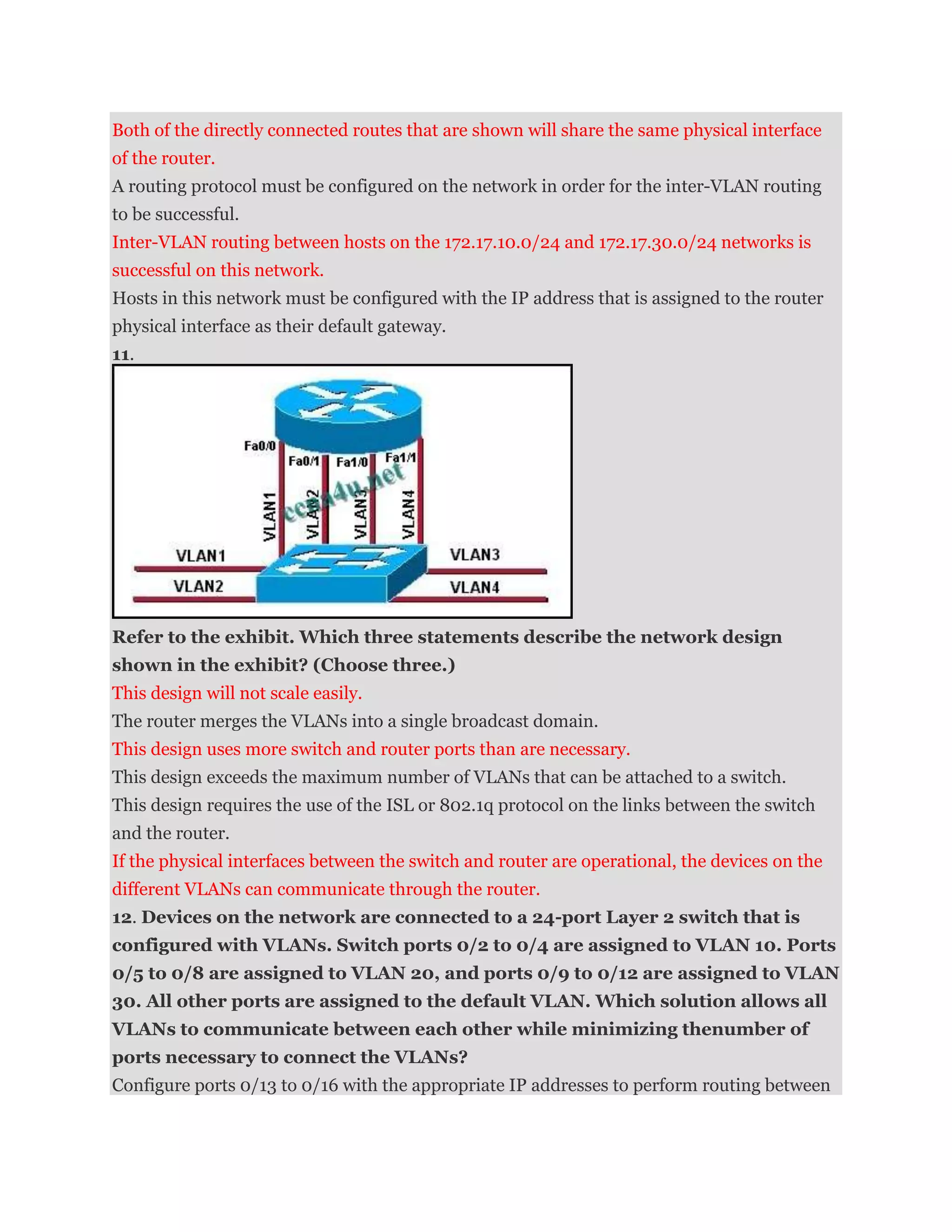 Both of the directly connected routes that are shown will share the same physical interface
of the router.
A routing protocol must be configured on the network in order for the inter-VLAN routing
to be successful.
Inter-VLAN routing between hosts on the 172.17.10.0/24 and 172.17.30.0/24 networks is
successful on this network.
Hosts in this network must be configured with the IP address that is assigned to the router
physical interface as their default gateway.
11.




Refer to the exhibit. Which three statements describe the network design
shown in the exhibit? (Choose three.)
This design will not scale easily.
The router merges the VLANs into a single broadcast domain.
This design uses more switch and router ports than are necessary.
This design exceeds the maximum number of VLANs that can be attached to a switch.
This design requires the use of the ISL or 802.1q protocol on the links between the switch
and the router.
If the physical interfaces between the switch and router are operational, the devices on the
different VLANs can communicate through the router.
12. Devices on the network are connected to a 24-port Layer 2 switch that is
configured with VLANs. Switch ports 0/2 to 0/4 are assigned to VLAN 10. Ports
0/5 to 0/8 are assigned to VLAN 20, and ports 0/9 to 0/12 are assigned to VLAN
30. All other ports are assigned to the default VLAN. Which solution allows all
VLANs to communicate between each other while minimizing thenumber of
ports necessary to connect the VLANs?
Configure ports 0/13 to 0/16 with the appropriate IP addresses to perform routing between
 