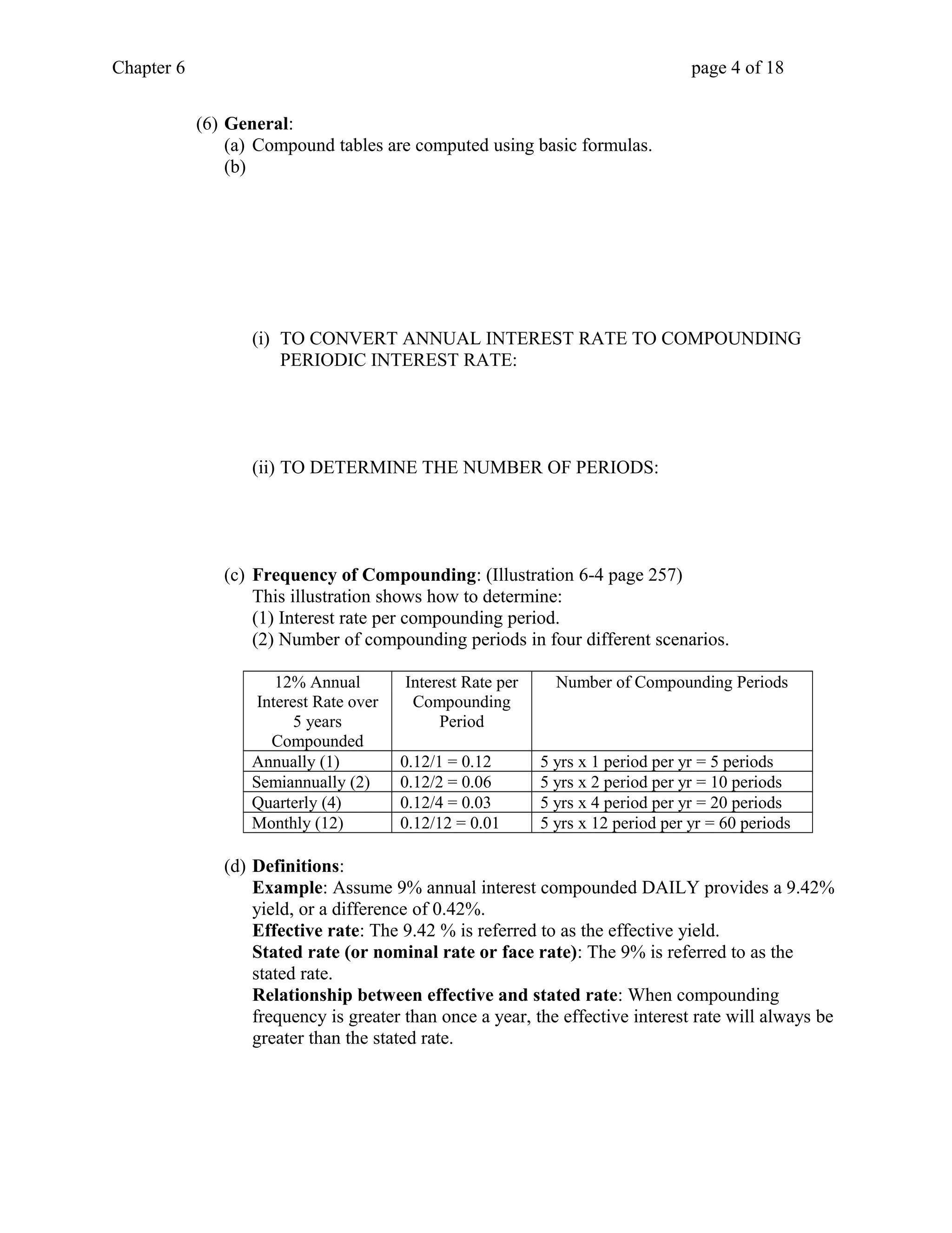Chapter 6 page 4 of 18 
(6) General: 
(a) Compound tables are computed using basic formulas. 
(b) 
(i) TO CONVERT ANNUAL INTEREST RATE TO COMPOUNDING 
PERIODIC INTEREST RATE: 
(ii) TO DETERMINE THE NUMBER OF PERIODS: 
(c) Frequency of Compounding: (Illustration 6-4 page 257) 
This illustration shows how to determine: 
(1) Interest rate per compounding period. 
(2) Number of compounding periods in four different scenarios. 
12% Annual 
Interest Rate over 
5 years 
Compounded 
Interest Rate per 
Compounding 
Period 
Number of Compounding Periods 
Annually (1) 0.12/1 = 0.12 5 yrs x 1 period per yr = 5 periods 
Semiannually (2) 0.12/2 = 0.06 5 yrs x 2 period per yr = 10 periods 
Quarterly (4) 0.12/4 = 0.03 5 yrs x 4 period per yr = 20 periods 
Monthly (12) 0.12/12 = 0.01 5 yrs x 12 period per yr = 60 periods 
(d) Definitions: 
Example: Assume 9% annual interest compounded DAILY provides a 9.42% 
yield, or a difference of 0.42%. 
Effective rate: The 9.42 % is referred to as the effective yield. 
Stated rate (or nominal rate or face rate): The 9% is referred to as the 
stated rate. 
Relationship between effective and stated rate: When compounding 
frequency is greater than once a year, the effective interest rate will always be 
greater than the stated rate. 
 