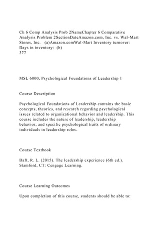 Ch 6 Comp Analysis Prob 2NameChapter 6 Comparative
Analysis Problem 2SectionDateAmazon.com, Inc. vs. Wal-Mart
Stores, Inc. (a)Amazon.comWal-Mart Inventory turnover:
Days in inventory: (b)
377
MSL 6000, Psychological Foundations of Leadership 1
Course Description
Psychological Foundations of Leadership contains the basic
concepts, theories, and research regarding psychological
issues related to organizational behavior and leadership. This
course includes the nature of leadership, leadership
behavior, and specific psychological traits of ordinary
individuals in leadership roles.
Course Textbook
Daft, R. L. (2015). The leadership experience (6th ed.).
Stamford, CT: Cengage Learning.
Course Learning Outcomes
Upon completion of this course, students should be able to:
 