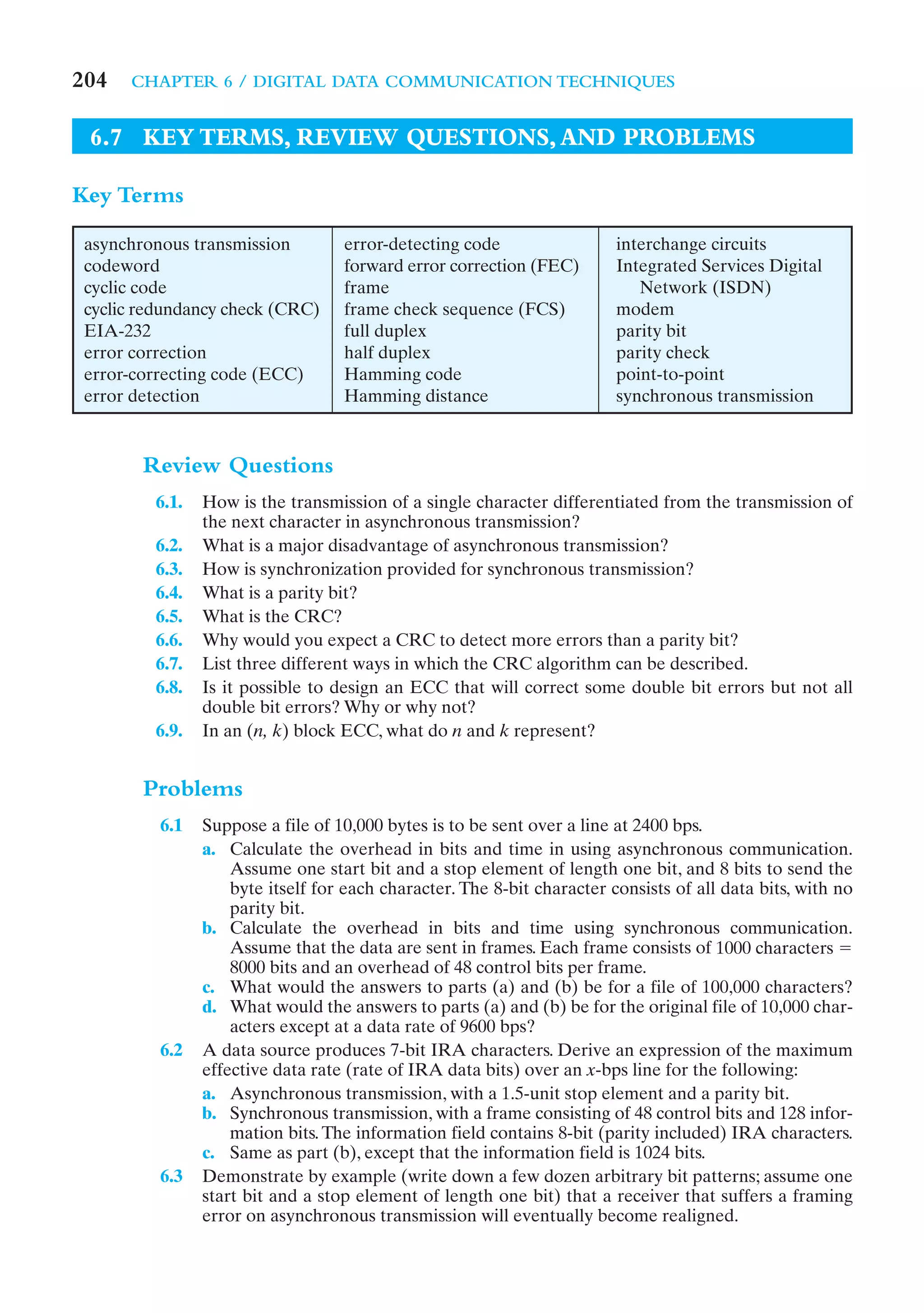 204   CHAPTER 6 / DIGITAL DATA COMMUNICATION TECHNIQUES


 6.7 KEY TERMS, REVIEW QUESTIONS, AND PROBLEMS

Key Terms

 asynchronous transmission         error-detecting code                  interchange circuits
 codeword                          forward error correction (FEC)        Integrated Services Digital
 cyclic code                       frame                                    Network (ISDN)
 cyclic redundancy check (CRC)     frame check sequence (FCS)            modem
 EIA-232                           full duplex                           parity bit
 error correction                  half duplex                           parity check
 error-correcting code (ECC)       Hamming code                          point-to-point
 error detection                   Hamming distance                      synchronous transmission


        Review Questions
         6.1.   How is the transmission of a single character differentiated from the transmission of
                the next character in asynchronous transmission?
         6.2.   What is a major disadvantage of asynchronous transmission?
         6.3.   How is synchronization provided for synchronous transmission?
         6.4.   What is a parity bit?
         6.5.   What is the CRC?
         6.6.   Why would you expect a CRC to detect more errors than a parity bit?
         6.7.   List three different ways in which the CRC algorithm can be described.
         6.8.   Is it possible to design an ECC that will correct some double bit errors but not all
                double bit errors? Why or why not?
         6.9.   In an (n, k) block ECC, what do n and k represent?


        Problems
          6.1   Suppose a file of 10,000 bytes is to be sent over a line at 2400 bps.
                a. Calculate the overhead in bits and time in using asynchronous communication.
                    Assume one start bit and a stop element of length one bit, and 8 bits to send the
                    byte itself for each character. The 8-bit character consists of all data bits, with no
                    parity bit.
                b. Calculate the overhead in bits and time using synchronous communication.
                    Assume that the data are sent in frames. Each frame consists of 1000 characters ϭ
                    8000 bits and an overhead of 48 control bits per frame.
                c. What would the answers to parts (a) and (b) be for a file of 100,000 characters?
                d. What would the answers to parts (a) and (b) be for the original file of 10,000 char-
                    acters except at a data rate of 9600 bps?
          6.2   A data source produces 7-bit IRA characters. Derive an expression of the maximum
                effective data rate (rate of IRA data bits) over an x-bps line for the following:
                a. Asynchronous transmission, with a 1.5-unit stop element and a parity bit.
                b. Synchronous transmission, with a frame consisting of 48 control bits and 128 infor-
                    mation bits. The information field contains 8-bit (parity included) IRA characters.
                c. Same as part (b), except that the information field is 1024 bits.
          6.3   Demonstrate by example (write down a few dozen arbitrary bit patterns; assume one
                start bit and a stop element of length one bit) that a receiver that suffers a framing
                error on asynchronous transmission will eventually become realigned.
 
