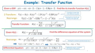 CEN352, Dr. Nassim Ammour, King Saud University 5
Example: Transfer Function
Given a DSP: Find the its transfer function H(z).
Z-Transform:
Z-transform on both sides
of the difference equation
Rearrange:
factoring Y(z) on the left side
and X(z) on the right side
Transfer Function:
Dividing the numerator and denominator by 𝑧2
Given H(z) : Find the difference equation of the system
Rearrange:
Applying the inverse z-transform
and using the shift property
Differential Equation:
 