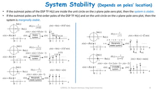 CEN352, Dr. Nassim Ammour, King Saud University 8
System Stability (Depends on poles’ location)
• If the outmost poles of the DSP TF H(z) are inside the unit circle on the z-plane pole-zero plot, then the system is stable.
• If the outmost poles are first-order poles of the DSP TF H(z) and on the unit circle on the z-plane pole-zero plot, then the
system is marginally stable.
 