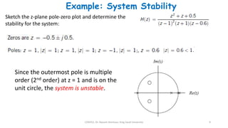 CEN352, Dr. Nassim Ammour, King Saud University 9
Example: System Stability
Sketch the z-plane pole-zero plot and determine the
stability for the system:
Since the outermost pole is multiple
order (2nd order) at z = 1 and is on the
unit circle, the system is unstable.
 