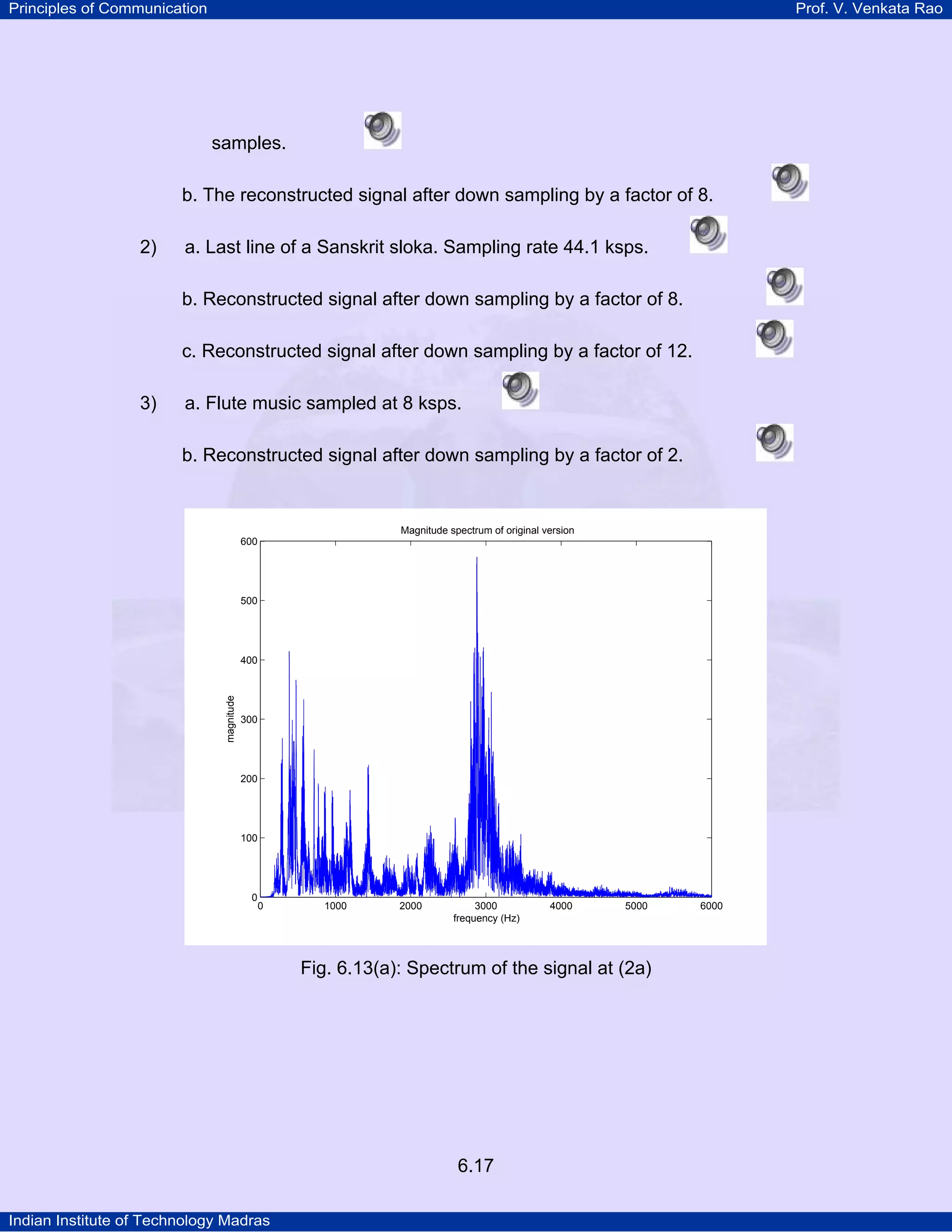 Principles of Communication

Prof. V. Venkata Rao

samples.
b. The reconstructed signal after down sampling by a factor of 8.
2)

a. Last line of a Sanskrit sloka. Sampling rate 44.1 ksps.
b. Reconstructed signal after down sampling by a factor of 8.
c. Reconstructed signal after down sampling by a factor of 12.

3)

a. Flute music sampled at 8 ksps.
b. Reconstructed signal after down sampling by a factor of 2.

Magnitude spectrum of original version
600

500

magnitude

400

300

200

100

0

0

1000

2000

3000
frequency (Hz)

4000

5000

Fig. 6.13(a): Spectrum of the signal at (2a)

6.17
Indian Institute of Technology Madras

6000

 