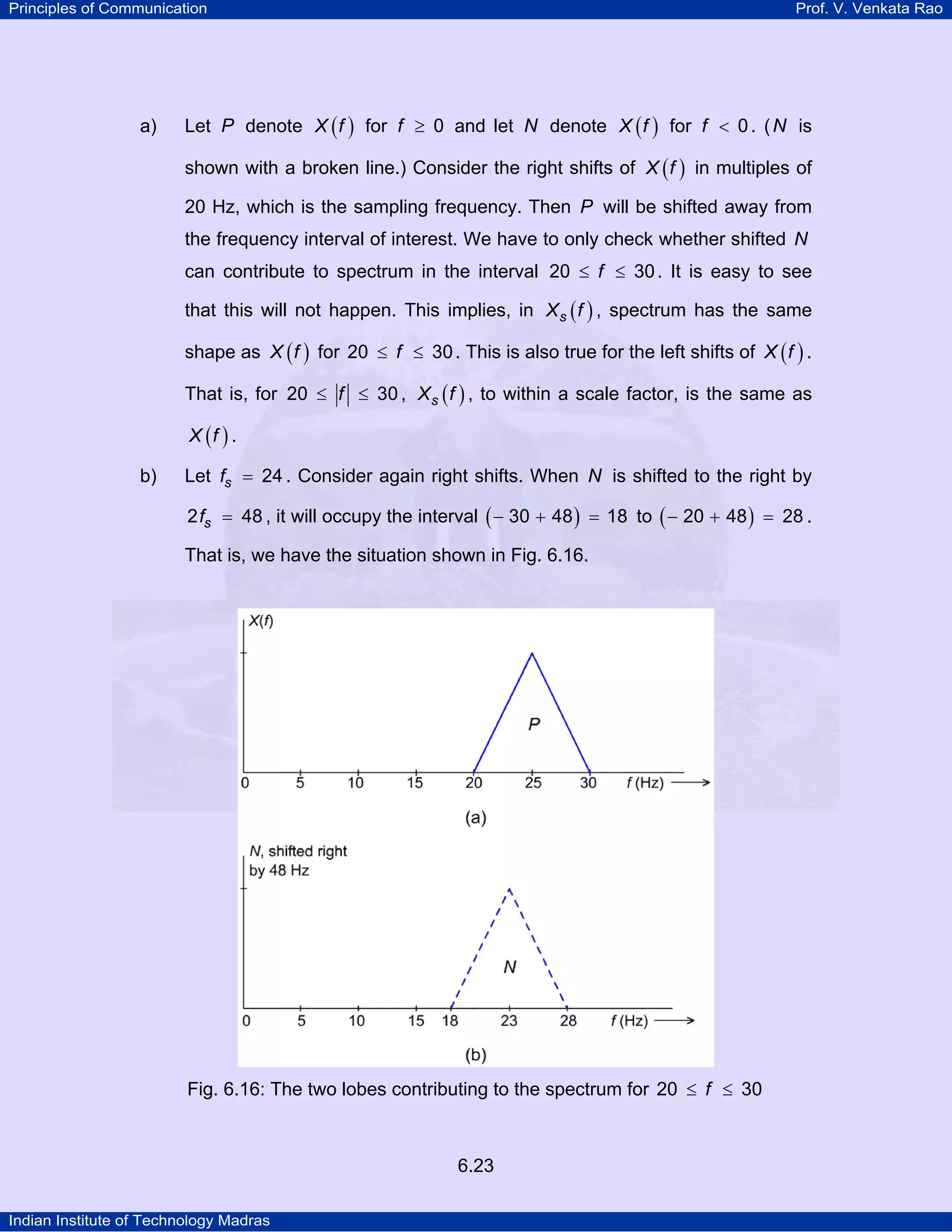 Principles of Communication

a)

Prof. V. Venkata Rao

Let P denote X ( f ) for f ≥ 0 and let N denote X ( f ) for f < 0 . ( N is
shown with a broken line.) Consider the right shifts of X ( f ) in multiples of
20 Hz, which is the sampling frequency. Then P will be shifted away from
the frequency interval of interest. We have to only check whether shifted N
can contribute to spectrum in the interval 20 ≤ f ≤ 30 . It is easy to see
that this will not happen. This implies, in X s ( f ) , spectrum has the same
shape as X ( f ) for 20 ≤ f ≤ 30 . This is also true for the left shifts of X ( f ) .
That is, for 20 ≤ f ≤ 30 , X s ( f ) , to within a scale factor, is the same as
X (f ) .

b)

Let fs = 24 . Consider again right shifts. When N is shifted to the right by
2 fs = 48 , it will occupy the interval ( − 30 + 48 ) = 18 to ( − 20 + 48 ) = 28 .
That is, we have the situation shown in Fig. 6.16.

Fig. 6.16: The two lobes contributing to the spectrum for 20 ≤ f ≤ 30

6.23
Indian Institute of Technology Madras

 