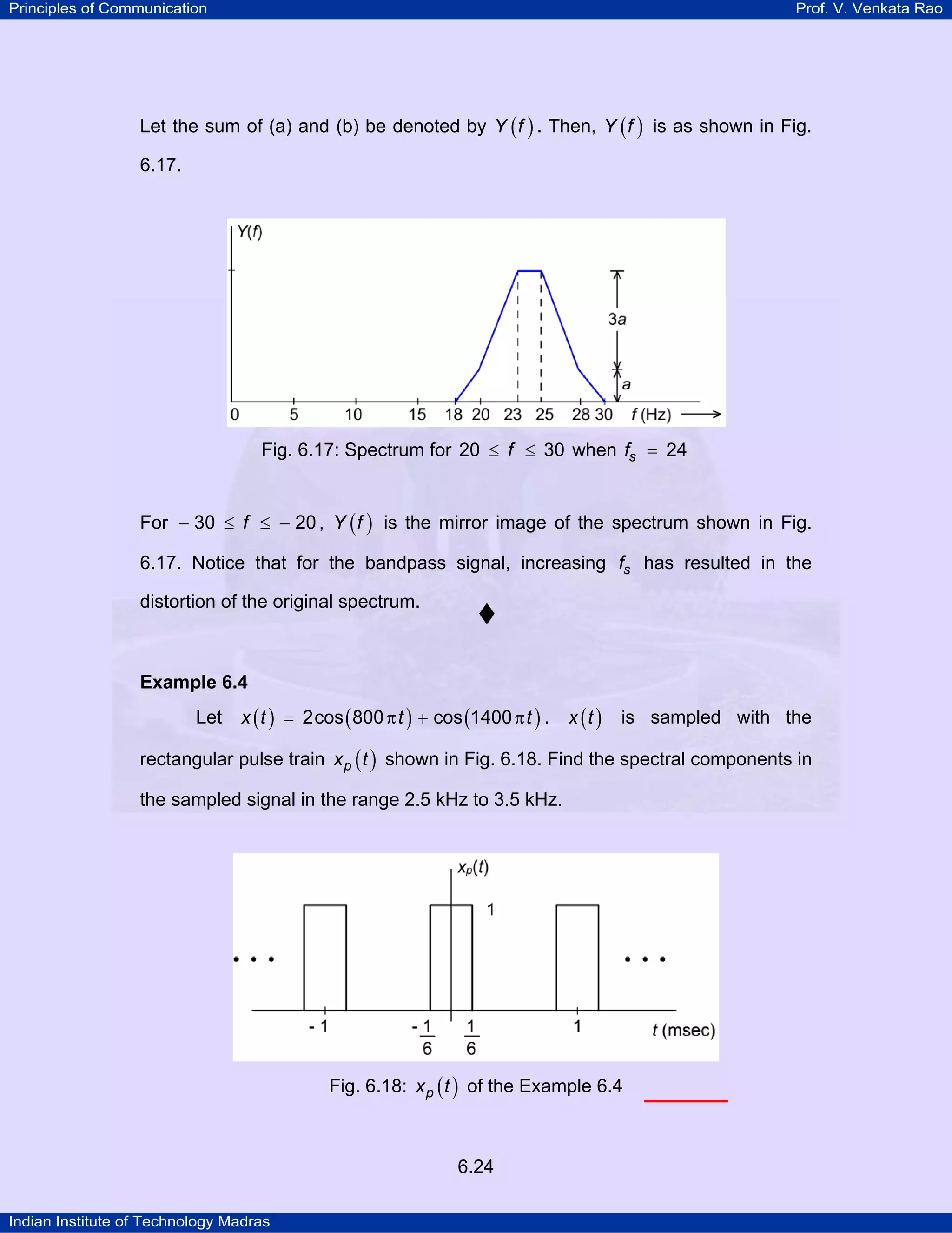 Principles of Communication

Prof. V. Venkata Rao

Let the sum of (a) and (b) be denoted by Y ( f ) . Then, Y ( f ) is as shown in Fig.
6.17.

Fig. 6.17: Spectrum for 20 ≤ f ≤ 30 when fs = 24
For − 30 ≤ f ≤ − 20 , Y ( f ) is the mirror image of the spectrum shown in Fig.
6.17. Notice that for the bandpass signal, increasing fs has resulted in the
distortion of the original spectrum.

Example 6.4

Let

x ( t ) = 2cos ( 800 π t ) + cos (1400 π t ) .

x (t )

is sampled with the

rectangular pulse train x p ( t ) shown in Fig. 6.18. Find the spectral components in
the sampled signal in the range 2.5 kHz to 3.5 kHz.

Fig. 6.18: x p ( t ) of the Example 6.4

6.24
Indian Institute of Technology Madras

 