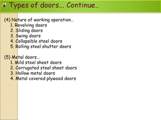 (4) Nature of working operation…
1. Revolving doors
2. Sliding doors
3. Swing doors
4. Collapsible steel doors
5. Rolling steel shutter doors
(5) Metal doors…
1. Mild steel sheet doors
2. Corrugated steel sheet doors
3. Hollow metal doors
4. Metal covered plywood doors
 