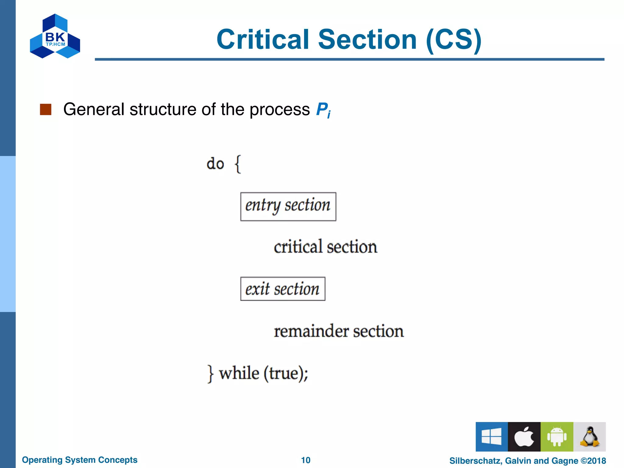 10
Operating System Concepts Silberschatz, Galvin and Gagne ©2018
Critical Section (CS)
■ General structure of the process Pi
 