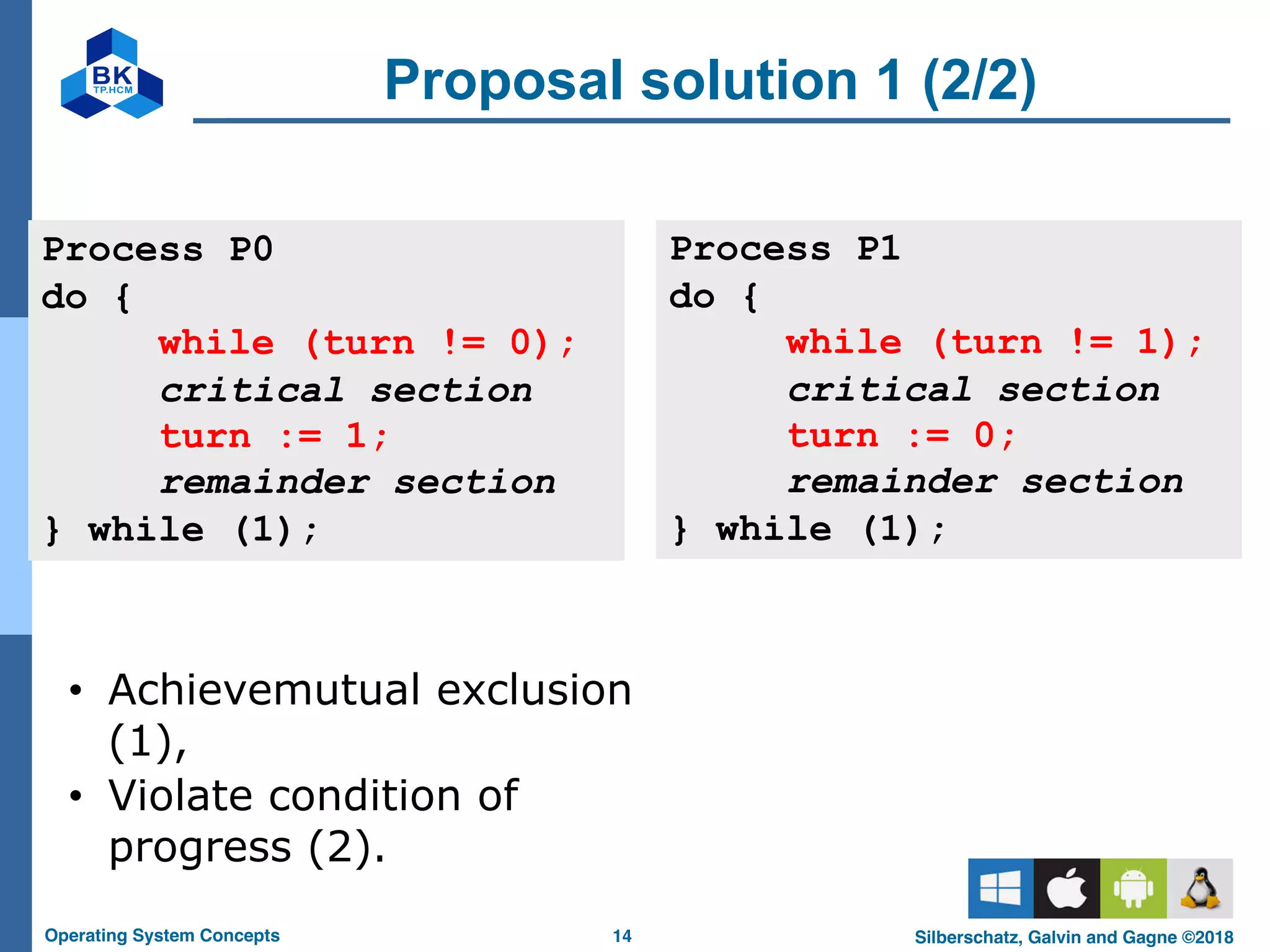 14
Operating System Concepts Silberschatz, Galvin and Gagne ©2018
Proposal solution 1 (2/2)
Process P0
do {
while (turn != 0);
critical section
turn := 1;
remainder section
} while (1);
Process P1
do {
while (turn != 1);
critical section
turn := 0;
remainder section
} while (1);
• Achievemutual exclusion
(1),
• Violate condition of
progress (2).
 