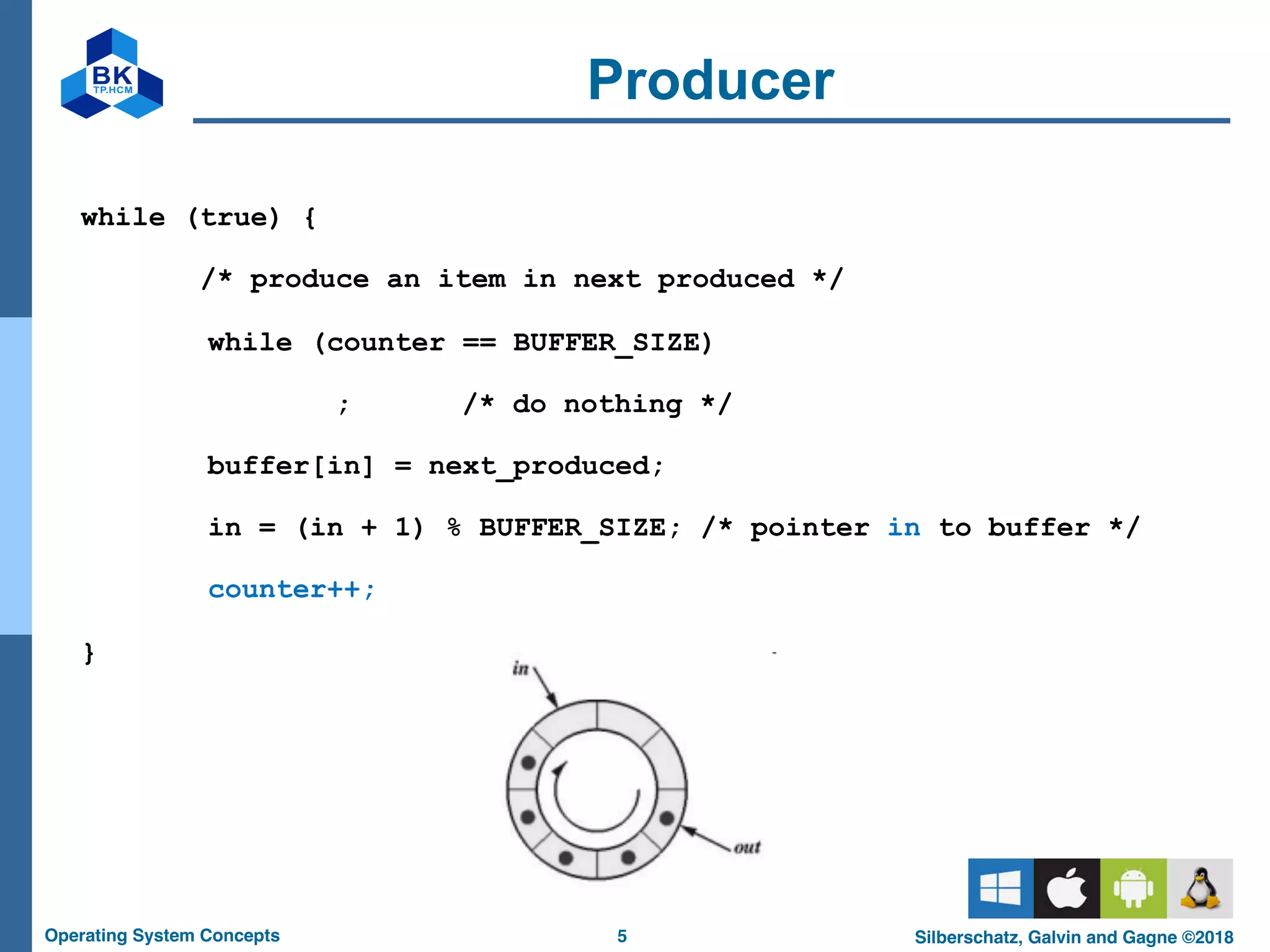 5
Operating System Concepts Silberschatz, Galvin and Gagne ©2018
Producer
while (true) {
/* produce an item in next produced */
while (counter == BUFFER_SIZE)
; /* do nothing */
buffer[in] = next_produced;
in = (in + 1) % BUFFER_SIZE; /* pointer in to buffer */
counter++;
}
 
