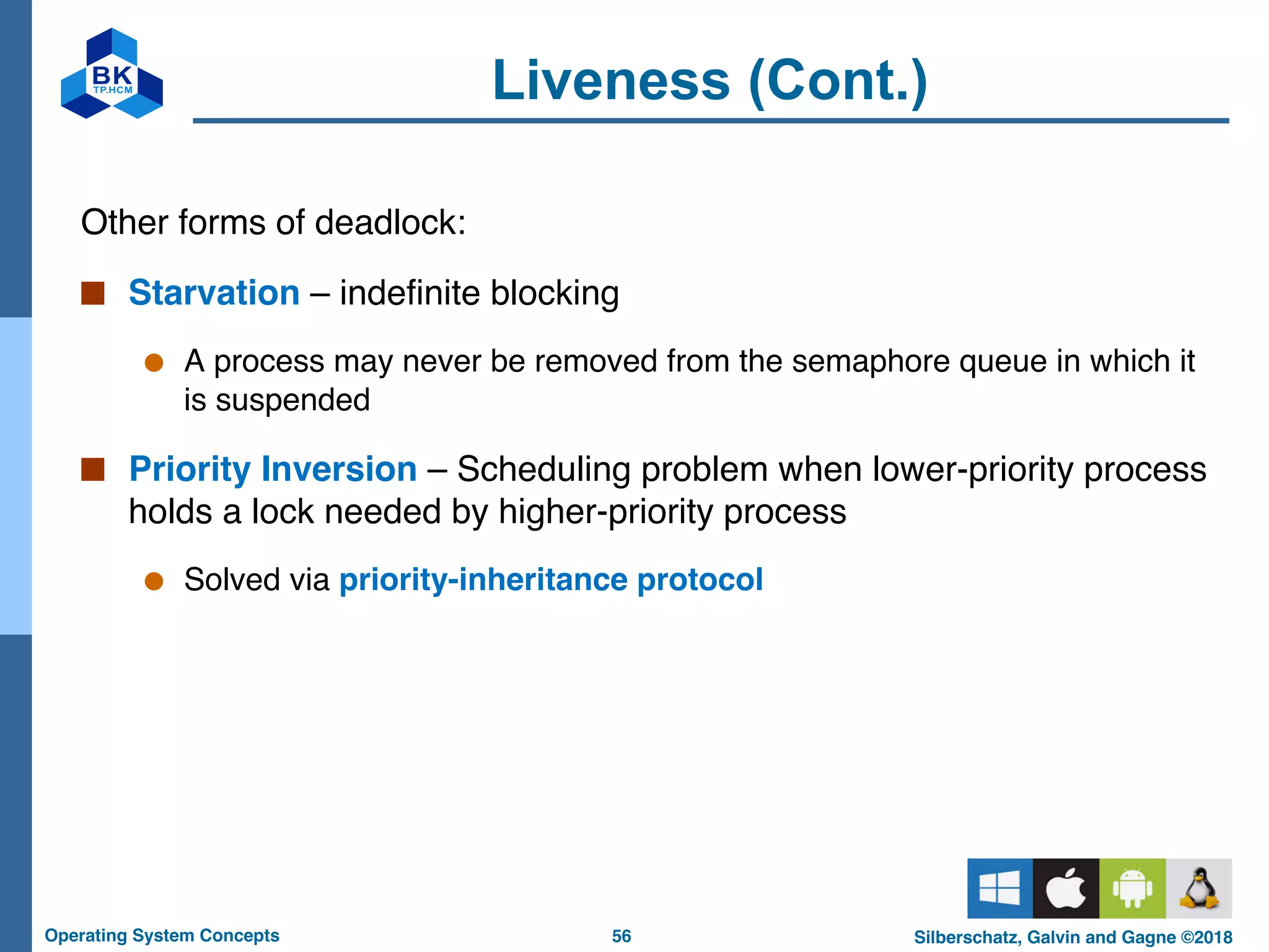 56
Operating System Concepts Silberschatz, Galvin and Gagne ©2018
Liveness (Cont.)
Other forms of deadlock:
■ Starvation – indefinite blocking
● A process may never be removed from the semaphore queue in which it
is suspended
■ Priority Inversion – Scheduling problem when lower-priority process
holds a lock needed by higher-priority process
● Solved via priority-inheritance protocol
 