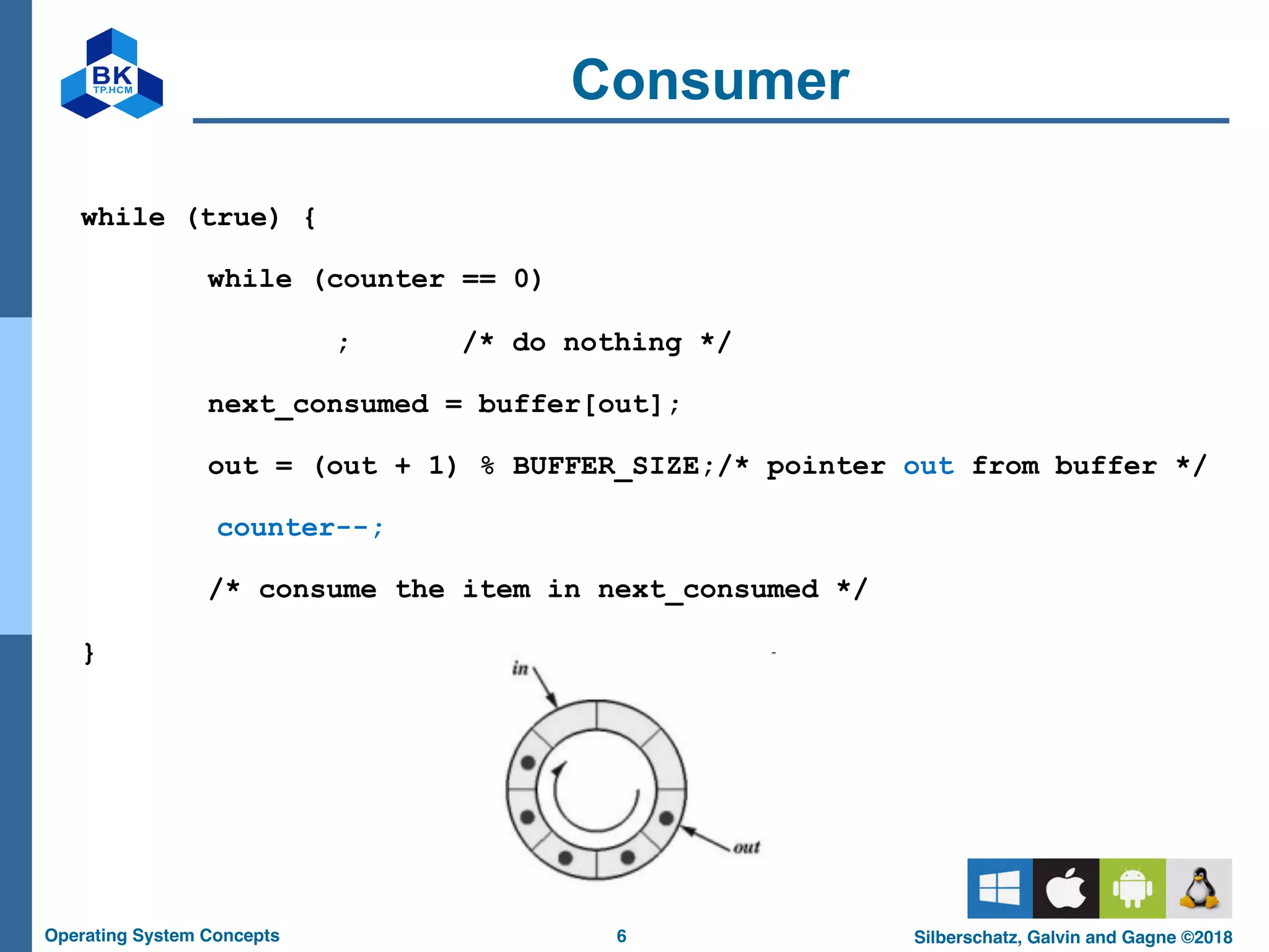 6
Operating System Concepts Silberschatz, Galvin and Gagne ©2018
Consumer
while (true) {
while (counter == 0)
; /* do nothing */
next_consumed = buffer[out];
out = (out + 1) % BUFFER_SIZE;/* pointer out from buffer */
counter--;
/* consume the item in next_consumed */
}
 