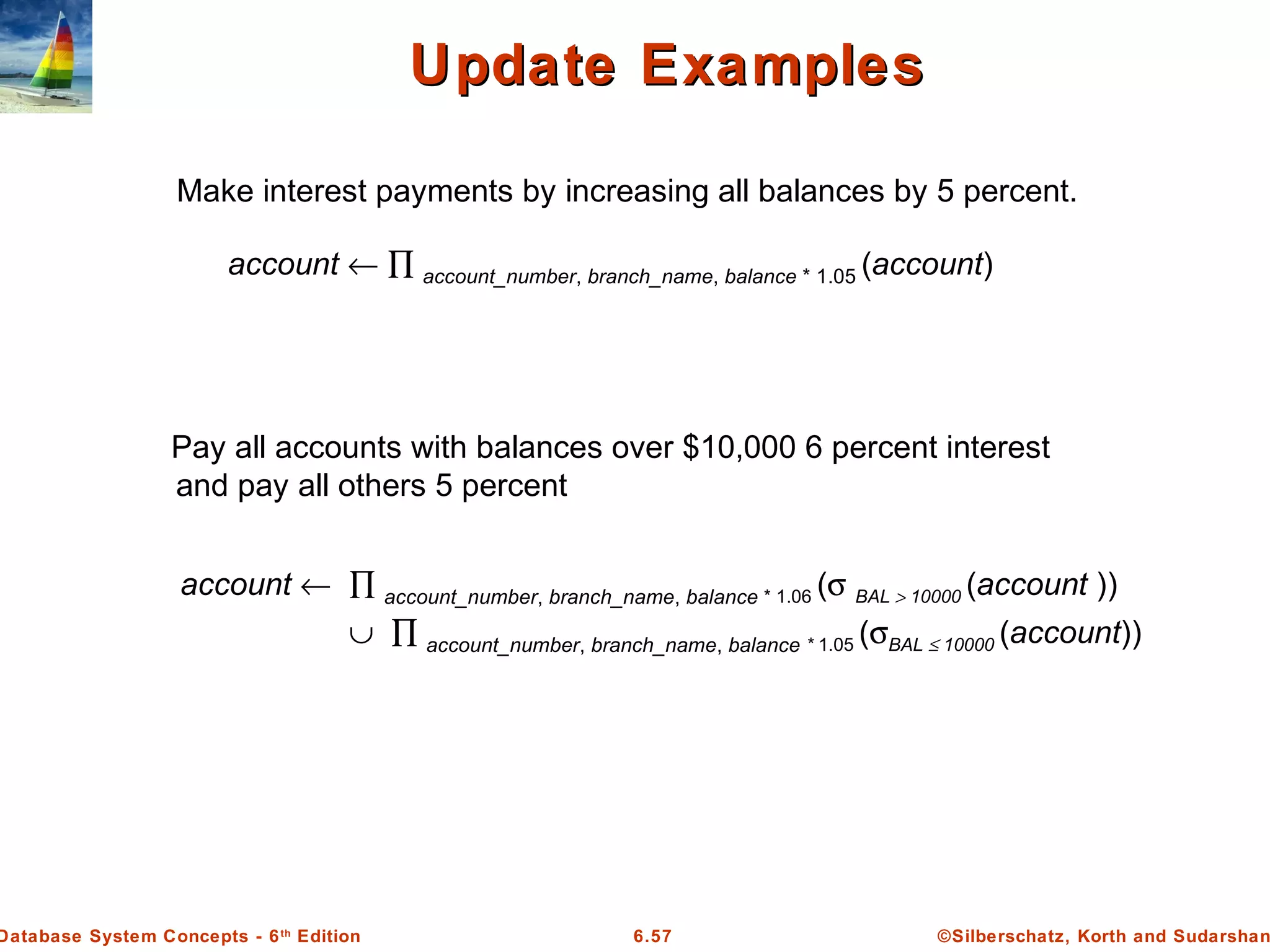 ©Silberschatz, Korth and Sudarshan6.57Database System Concepts - 6th
Edition
Update ExamplesUpdate Examples
Make interest payments by increasing all balances by 5 percent.
Pay all accounts with balances over $10,000 6 percent interest
and pay all others 5 percent
account ← ∏ account_number, branch_name, balance * 1.06 (σ BAL > 10000 (account ))
∪ ∏ account_number, branch_name, balance * 1.05 (σBAL ≤ 10000 (account))
account ← ∏ account_number, branch_name, balance * 1.05 (account)
 