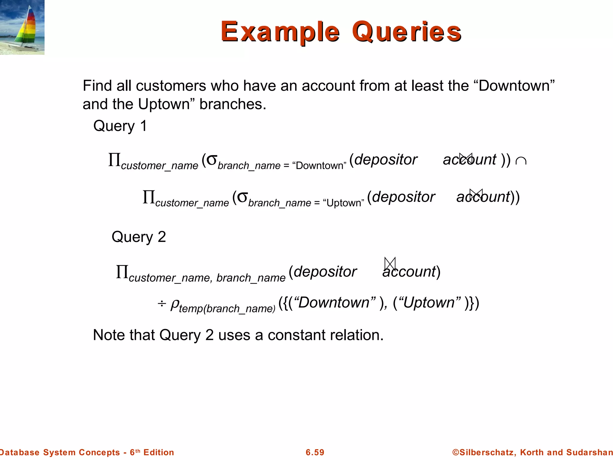 ©Silberschatz, Korth and Sudarshan6.59Database System Concepts - 6th
Edition
Query 1
∏customer_name (σbranch_name = “Downtown” (depositor account )) ∩
∏customer_name (σbranch_name = “Uptown” (depositor account))
Query 2
∏customer_name, branch_name (depositor account)
÷ ρtemp(branch_name) ({(“Downtown” ), (“Uptown” )})
Note that Query 2 uses a constant relation.
Example QueriesExample Queries
Find all customers who have an account from at least the “Downtown”
and the Uptown” branches.
 