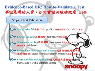 Evidence-Based HR: How to Validate a Test
事證基礎的人資：如何實證測驗的效度 p.206
1
Relate Your Test Scores and Criteria找出測驗成績與準則
之間的關係: scores versus actual performance 成績與績效
Choose the Tests選擇測驗: test battery綜合測驗
Steps in Test Validation
Analyze the Job分析工作: predictors預測因子 and criteria準則
Administer the Test舉行測驗: concurrent同時效度 or predictive
預測效度 validation
2
3
4
Cross-Validate and Revalidate交叉驗證與再驗證: repeat
Steps 3 and 4 with a different sample
5
 