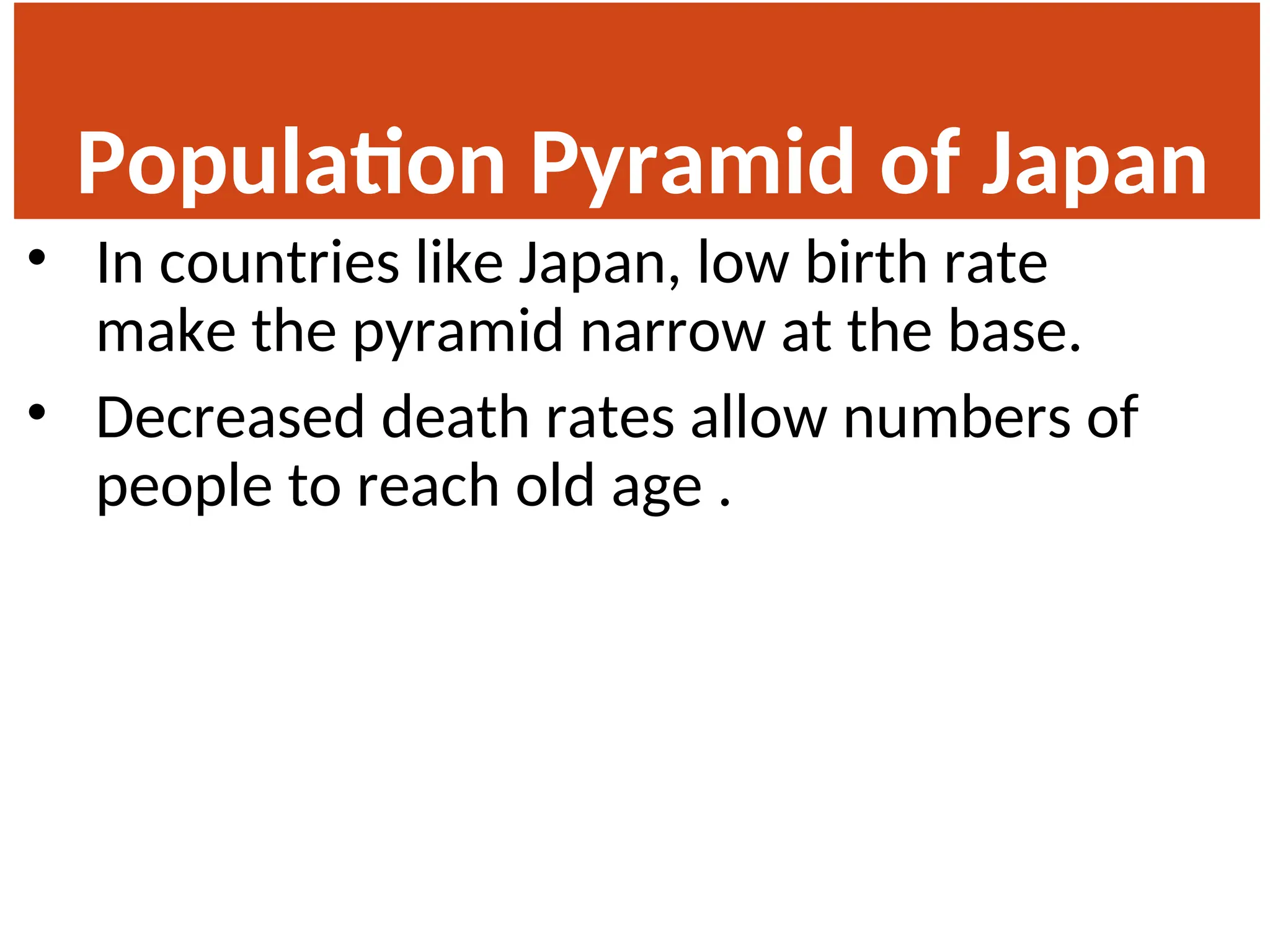 Population Pyramid of Japan
• In countries like Japan, low birth rate
make the pyramid narrow at the base.
• Decreased death rates allow numbers of
people to reach old age .
 