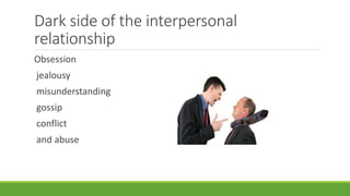 Dark side of the interpersonal 
relationship 
Obsession 
jealousy 
misunderstanding 
gossip 
conflict 
and abuse 
