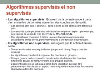 Algorithmes supervisés et non
supervisés
• Les algorithmes supervisés: Extraient de la connaissance à partir
d’un ensemble de données contenant des couples entrée-sortie.
• Ces couples sont déjà « connus », dans le sens où les sorties sont définies a
priori.
• La valeur de sortie peut être une indication fournie par un expert : par exemple,
des valeurs de vérité de type OUI/NON ou MALADE/SAIN.
• Ces algorithmes cherchent à définir une représentation compacte des
associations entrée-sortie, par l’intermédiaire d’une fonction de prédiction.
• les algorithmes non supervisés: n’intègrent pas la notion d’entrée-
sortie.
• Toutes les données sont équivalentes (on pourrait dire qu’il n’y a que des
entrées).
• les algorithmes cherchent à organiser les données en groupes.
• Chaque groupe doit comprendre des données similaires et les données
différentes doivent se retrouver dans des groupes distincts.
• L’apprentissage ne se fait plus à partir d’une indication qui peut être
préalablement fournie par un expert, mais uniquement à partir des fluctuations
observables dans les données.
 