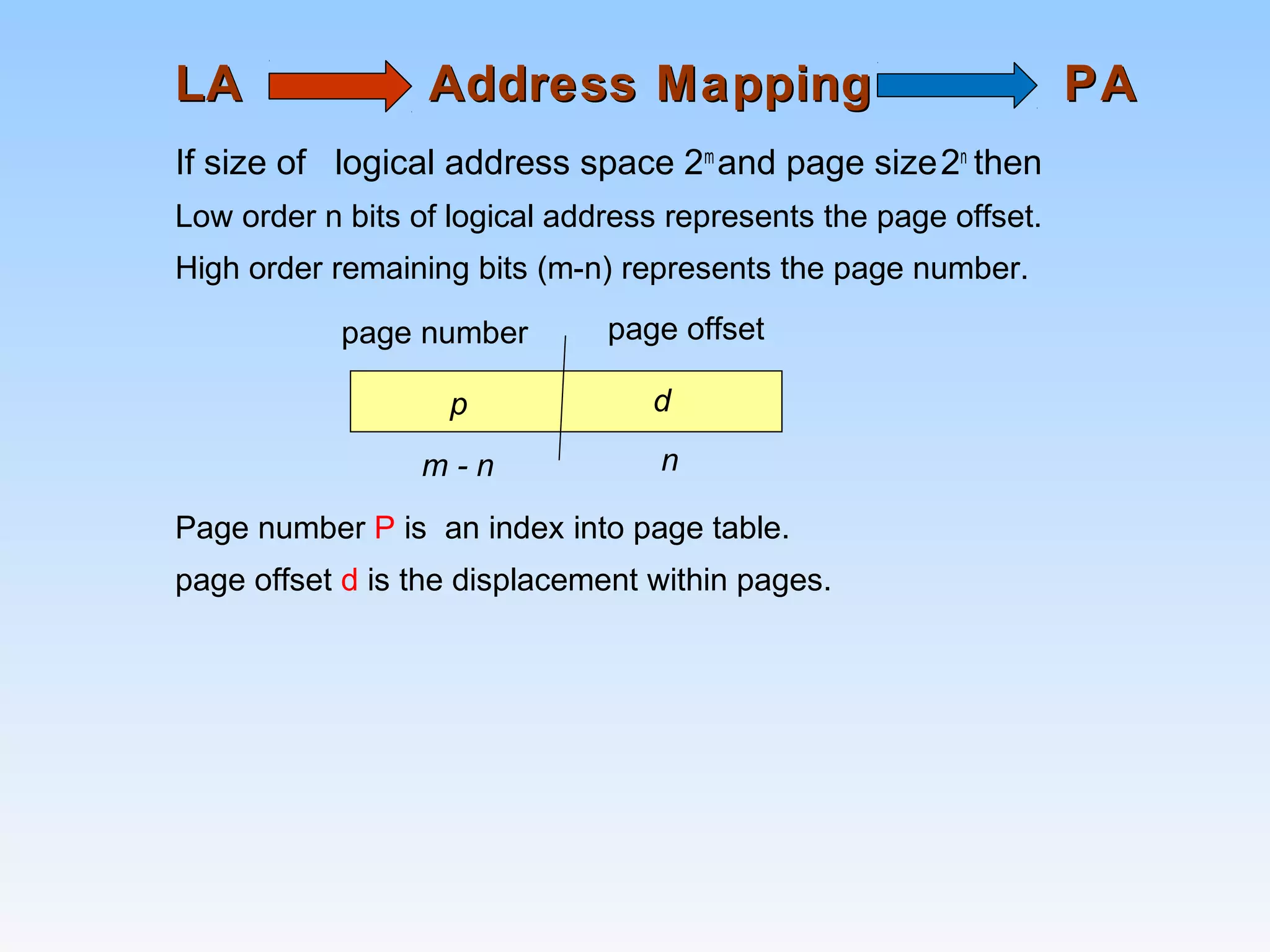 LALA Address MappingAddress Mapping PAPA
If size of logical address space 2m
and page size2n
then
Low order n bits of logical address represents the page offset.
High order remaining bits (m-n) represents the page number.
Page number P is an index into page table.
page offset d is the displacement within pages.
page number page offset
p
m - n
d
n
 
