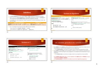 6
Definitions
 Un sous programme peut être déclaré avant ou après l'algorithme (programme) principal.
 Dans le cas où le sous programme est définit après l’algorithme principal, le prototype du
sous programme doit être déclaré avant l'algorithme (programme) principal.
 Le prototype d’un sous programme contient uniquement la liste des paramètres formels ainsi
que leurs types.
 En C, le prototype d’une fonction peut être définit de deux manières :
Type_resultat nom_sp (TypePar1, TypePar2, ...) ; ou bien
Type_resultat nom_sp (type1 parm1, type2 parm2, . . ., typen parmn) ;
21
Prototype en Algorithmique Prototype en C
procédure nom_sp (p1 :type1, p2 : type2, ...., pn :typen)
fonction nom_sp1 (p1 :type1, p2 : type2, ...., pn :typen) : typeretour
void nom_sp (type1 p1, ...., typen pn) ;
Type_resultat nom_sp1 (type1 p1, ...., typen pn) ;
Dr.fadoua Bouafif
Syntaxe en Algorithme
22
En Algorithmique- sous programme après l’algorithme principal
// déclaration des prototypes
procédure nom_sp (p1: type1, p2: type2, ...., pn: typen)
fonction nom_sp1 (p1: type1, ...., pn: typen) : typeretour
***************************************************************************
// algorithme principal
Algorithme Nom_algorithme
var : nom_variable : typeretour
.......
début
....
nom_sp (p1, p2, ...., pn)
....
nom_variable  nom_sp1 (p1, p2, ...., pn)
....
fin
//définition sous-programme
procédure nom_sp (p1: type1, p2: type2, ...., pn: typen)
var : // déclaration des variables locales (internes)
début
......
Fin
*********************************************************
fonction nom_sp1 (p1: type, p2: type, ...., pn: type) : typeretour
// déclaration des variables locales (internes)
var : variable_résultat : typeretour
début
......
......
retourne (variable_résultat)
fin
Dr.fadoua Bouafif
Syntaxe en C
23
En C- sous programme après le programme principal
#include <stdio.h>
// declaration des prototypes
void nom_sp (type1 p1, ...., typen pn) ;
Type_resultat nom_sp1 (type p1, ...., type pn) ;
//programme principal
**************************************************
void main()
{
Type_resultat var_resultat ;
....
nom_sp (p1, ...., pn) ;
....
var_resultat = nom_sp1 (p1, ...., pn) ;
....
}
//définition sous-programme
void nom_sp (type1 p1, ...., typen pn) ;
{
//Déclaration des variables ;
...
…
}
***********************************************
Type_resultat nom_sp1 (type p1, ...., type pn)
{
//Déclaration des variables ;
Type_resultat var_resultat ;
Liste des instructions ;
.....
return (var_resultat) ;
}
Dr.fadoua Bouafif
Les variables globales & les variables locales
24
 Une variable est dite globale si elle est déclarée dans l’algorithme (programme) principal, hors de
sous programme, mais qui peut être utilisée par ces sous programmes.
 Une variable globale a une durée de vie égale à celle de l’algorithme (programme) en entier.
 Une variable est dite locale si elle est déclarée à l'intérieur du sous programme. Elle démarre son
existence au moment de l'appel du sous programme, et est détruite lors de l'achèvement du sous
programme.
 Une variable locale a une durée de vie égale à celle du sous programme où elle est définie.
 Une variable locale définie dans un sous programme est visible partout à l'intérieur du sous
programme et invisible à l'extérieur.
 Les variables globaux et standards sont visibles en tout point de l’algorithme (programme).
Dr.fadoua Bouafif
21 22
23 24
 