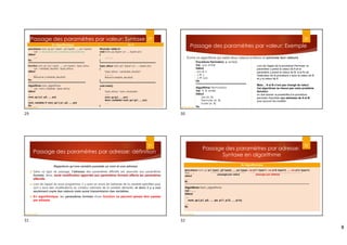 8
En Algorithmique En C
procédure nom_sp (p1: type1, p2: type2, ...., pn: typen)
var : // déclaration des variables locales (internes)
début
......
Fin
******************************************************
fonction nom_sp1 (p1: type1, ...., pn: typen) : type_retour
var : variable_résultat : type_retour
début
......
Retourne (variable_résultat)
Fin
*******************************************************
Algorithme nom_algorithme
var : nom_variable : type_retour
début
....
nom_sp ( p1, p2, ...., pn)
....
nom_variable  nom_sp1 ( p1, p2, ...., pn)
Fin
#include <stdio.h>
void nom_sp (type1 p1, …,typen pn)
{
............
}
******************************************************
Type_retour nom_sp1 (type1 p1, …,typen pn)
{
Type_retour varaiuble_resultat ;
............
Return(variable_résultat)
}
******************************************************
void main()
{
Type_retour nom_varaiuble ;
.......
nom_sp (p1, …, pn) ;
Nom_varaible= nom_sp1 (p1, ..., pn) ;
. . ..
}
Passage des paramètres par valeur: Syntaxe 29
Dr.fadoua Bouafif
Ecrire un algorithme qui saisit deux valeurs entières et permute leur valeurs
30
Dr.fadoua Bouafif
Passage des paramètres par valeur: Exemple
Procédure Permuter(x, y :entier)
Var aux: entier
Début
aux  x
x  y
y  aux
Fin
*******************************************
Algorithme Permutation
Var A, B: entier
Début
Lire (A, B)
Permuter (A, B)
Ecrire (A, B)
Fin
Lors de l'appel de la procédure Permuter, le
paramètre x prend la valeur de A et le
paramètre y prend la valeur de B, à la fin de
l'exécution de la procédure x aura la valeur de B
et y la valeur de A
Mais… A et B n'ont pas changé de valeur
Cet algorithme ne résout pas notre problème
Solution:
on doit donner la possibilité à la procédure
permuter d'accéder aux adresses de A et B
pour pouvoir les modifier
Passage des paramètres par adresse: définition
Rappelons qu’une variable possède un nom et une adresse
 Dans ce type de passage, l'adresse des paramètres effectifs est associée aux paramètres
formels. Ainsi, toute modification apportée aux paramètres formels affecte les paramètres
effectifs.
 Lors de l'appel du sous programme, il y aura un envoi de l'adresse de la variable spécifiée pour
qu'il y aura des modifications du contenu mémoire de la variable déclarée, et donc il y a non
seulement copie des valeurs mais aussi transmission des variables.
 En algorithmique, les paramètres formels d'une fonction ne peuvent jamais être passés
par adresse.
31
Dr.fadoua Bouafif
En Algorithmique
procédure nom_sp (p1: type1, p2: type2, ...., pn: typen, var p11: type11, var p12: type12, ...., var p1n: type1n)
Var…….
debut
......
fin
****************************************************************************************************************************
Algorithme Nom_algorithme
var : ......
Début
....
nom_sp ( p1, p2, ...., pn, p11, p12, …, p1n)
....
fin
32
passage par valeur passage par adresse
Passage des paramètres par adresse:
Syntaxe en algorithme
Dr.fadoua Bouafif
29 30
31 32
 