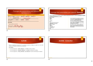 9
En C
void nom_sp (type1 p1, type2 p2, …., type11 *p11, type12 *p12, …, type1n *p1n)
{............}
****************************************************************************************************
Type_resultat nom_sp1(type1 p1, …, type2 *p6, ..., typen *pn)
{............}
*****************************************************************************************************
void main()
{
Type_resultat var_resultat ;
.......
nom_sp (p1,p2, …, &p11, &p12, …., &p1n) ;
var_resultat = nom_sp1 (p1,…, &p6, ..., &pn) ;
…
}
33
Passage des paramètres par adresse:
Syntaxe en C
passage par valeur passage par adresse
Dr.fadoua Bouafif
Passage des paramètres par adresse: Exemple
34
Lors de l'appel de la procédure Permuter,
le paramètre x prend l’adresse de A et le
paramètre y prend l’adresse de B.
À la fin de l'exécution de la procédure x
aura la valeur de B puisque x et A ont la
même adresse mémoire
De même y aura la valeur initiale de A
donc B aussi aura la valeur initiale de A
Donc A et B ont effectivement permutés
leurs valeurs
Ecrire un algorithme qui saisit deux valeurs entières et permute leur valeurs en utilisant le passage par adresse
Procédure Permuter(var x, y :entier)
Var aux:entier
Début
aux  x
x  y
y  aux
Fin
********************************
Algorithme Permutation
Var A, B :entier
Début
Lire (A, B)
Permuter (A, B)
Ecrire (A, B)
Fin
Activité
Écrire un algorithme (programme C) qui permet de saisir un tableau de taille N (0< N<=100)
d’entier et de calculer la somme de ses éléments.
On utilisera
 Un sous-programme « Taille_Tableau() » qui saisie la taille du tableau
 Un sous-programme « Remplir_Tableau() » qui saisie les éléments du tableau
 Un sous-programme « Calcul_Somme() » qui retourne la somme des éléments du tableau
35
Dr.fadoua Bouafif
Activité : Correction
36
Dr.fadoua Bouafif
33 34
35 36
 