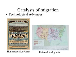 Catalysts of migration Technological Advances Railroad land grants Homestead Act Poster 