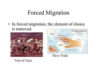 Forced Migration In forced migration, the element of choice is removed. Trail of Tears Slave Trade 