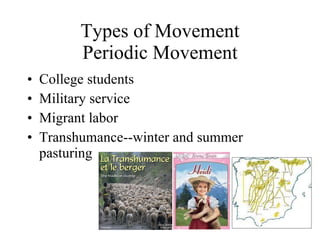 Types of Movement Periodic Movement College students Military service Migrant labor Transhumance--winter and summer pasturing 