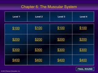 Chapter 6: The Muscular System

                  Level 1               Level 2     Level 3        Level 4




                 $100                   $100        $100           $100


                 $200                   $200        $200           $200


                 $300                   $300        $300           $300


                 $400                   $400        $400           $400

                                                                  FINAL ROUND
© 2012 Pearson Education, Inc.
 