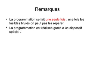 Remarques
• La programmation se fait une seule fois : une fois les
fusibles brulés on peut pas les réparer.
• La programmation est réalisée grâce à un dispositif
spécial .
 