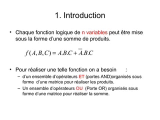1. Introduction
• Chaque fonction logique de n variables peut être mise
sous la forme d’une somme de produits.
• Pour réaliser une telle fonction on a besoin :
– d’un ensemble d’opérateurs ET (portes AND)organisés sous
forme d’une matrice pour réaliser les produits.
– Un ensemble d’opérateurs OU (Porte OR) organisés sous
forme d’une matrice pour réaliser la somme.
CBACBACBAf ....),,( +=
 