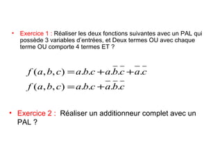 • Exercice 1 : Réaliser les deux fonctions suivantes avec un PAL qui
possède 3 variables d’entrées, et Deux termes OU avec chaque
terme OU comporte 4 termes ET ?
cbacbacbaf
cacbacbacbaf
....),,(
.....),,(
+=
++=
• Exercice 2 : Réaliser un additionneur complet avec un
PAL ?
 