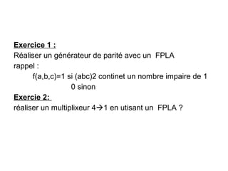 Exercice 1 :
Réaliser un générateur de parité avec un FPLA
rappel :
f(a,b,c)=1 si (abc)2 continet un nombre impaire de 1
0 sinon
Exercie 2:
réaliser un multiplixeur 41 en utisant un FPLA ?
 