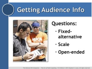 Questions:
•

Fixedalternative

•

Scale

•

Open-ended

The McGraw-Hill Companies ∙ The Art of Public Speaking, 11th Edition © 2012 Stephen E. Lucas. All rights reserved.

 
