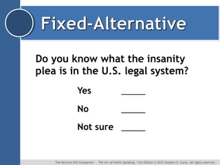 Do you know what the insanity
plea is in the U.S. legal system?
Yes

_____

No

_____

Not sure _____

The McGraw-Hill Companies ∙ The Art of Public Speaking, 11th Edition © 2012 Stephen E. Lucas. All rights reserved.

 
