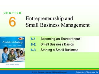 © 2012 Cengage Learning. All Rights Reserved. Principles of Business, 8e
C H A P T E R 6
SLIDE 1
6-1 Becoming an Entrepreneur
6-2 Small Business Basics
6-3 Starting a Small Business
6
C H A P T E R
Entrepreneurship and
Small Business Management
 