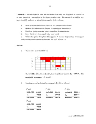 Arwin – 23206008@2006
10
Problem 6.7 – You are allowed to insert one noncompute delay stage into the pipeline in Problem 6.6
to make latency of 1 permissible in the shortest greedy cycle. The purpose is to yield a new
reservation table leading to an optimal latency equal to the lower bound.
a. Show the modified reservation table with five rows and seven columns.
b. Draw the new state transition diagram for obtaining the optimal cycle.
c. List all the simple cycles and greedy cycles from the state diagram.
d. Prove that the new MAL equals to the lower bound.
e. What is the optimal throughput of this pipeline ? Indicate the percentage of throughput
improvement compared with that obtained in part (d) of Problem 6.6.
Answer :
a. The modified reservation table is :
1 2 3 4 5 6 7
S1 X X
S2 X X
S3 X
S4 X X1
D D1
The forbidden latencies are 2 and 6, then the collision vector is 100010xC = . The
permissible latencies are 1, 3, 4, and 5.
b. State diagram can be obtained by tracing each xC shift as followed :
1st
shift
010001
100010
110011
x
shifted bit
C
new value
3rd
shift
000100
100010
100110
x
shifted bit
C
new value
4th
shift
000010
100010
100010
x
shifted bit
C
new value
5th
shift
000001
100010
100011
x
shifted bit
C
new value
 