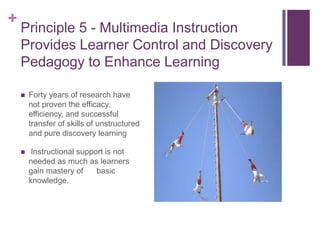 Principle 5 - Multimedia Instruction Provides Learner Control and Discovery Pedagogy to Enhance Learning Forty years of research have not proven the efficacy, efficiency, and successful transfer of skills of unstructured and pure discovery learning Instructional support is not needed as much as learners gain mastery of      basic knowledge.