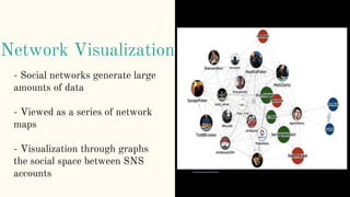 Network Visualization
- Social networks generate large
amounts of data
- Viewed as a series of network
maps
- Visualization through graphs
the social space between SNS
accounts
 