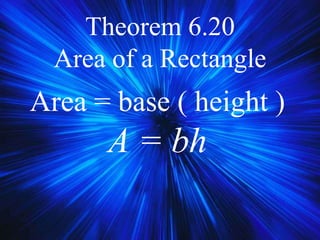 Theorem 6.20
Area of a Rectangle
Area = base ( height )
A = bh
 