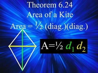 Theorem 6.24
Area of a Kite
Area = ½ (diag.)(diag.)
A=½ d1 d2
 