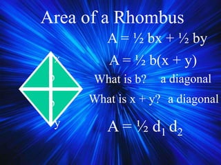 Area of a Rhombus
A = ½ bx + ½ by
A = ½ b(x + y)
What is b? a diagonal
What is x + y? a diagonal
A = ½ d1 d2
b
b
x
y
 
