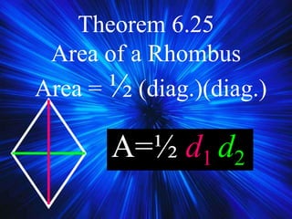 Theorem 6.25
Area of a Rhombus
Area = ½ (diag.)(diag.)
A=½ d1 d2
 